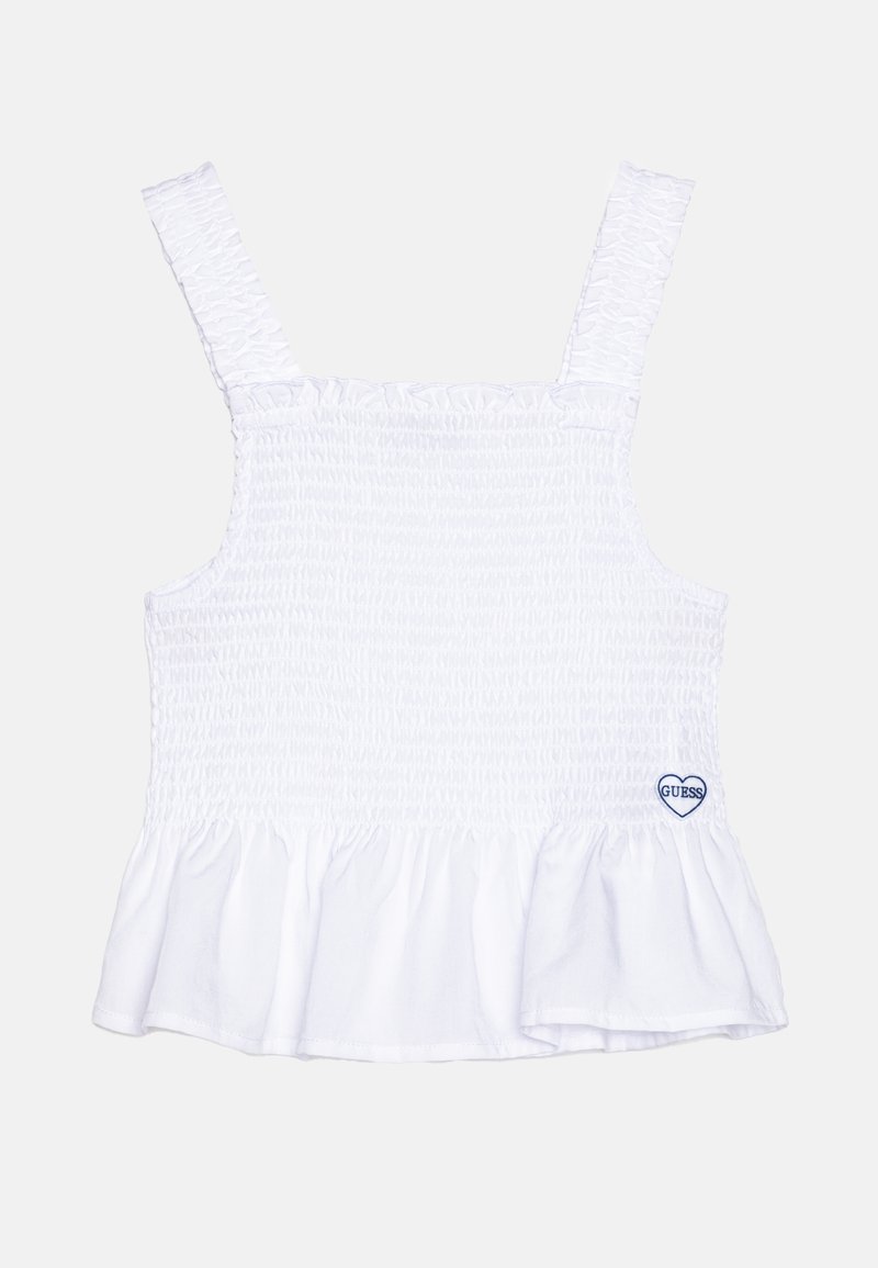 Weißes, geschmücktes Oberteil mit breiten Trägern, gerafftem Saum und einem kleinen blauen Herzlogo an der Seite. Hergestellt aus weichem Stoff für den Komfort.