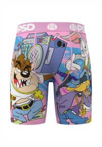 Boxers featuring a pink and blue pattern with cartoon characters, including Taz, Bugs Bunny, and Daffy Duck, made of stretchy fabric.