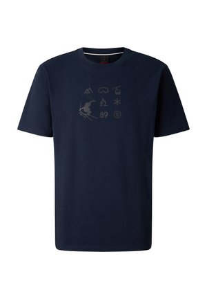 Marineblauw T-shirt met korte mouwen met ski-thema iconen en een silhouet van een skiër gedrukt in donkergrijs op de borst.