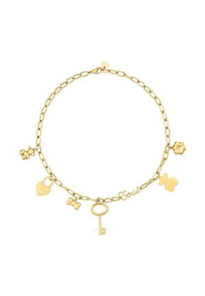 Gold chain bracelet with charms including a teddy bear, heart lock, bow, key, flower, and a script word charm.