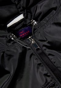 Black jacket zipper with two black and white drawstrings and a partially visible dark blue and red Next Inwear Collection label.