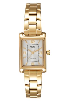 Montre-bracelet quartz Casio ton or avec cadran rectangulaire, index dorés, étiquette étanche et bracelet métallique à maillons.