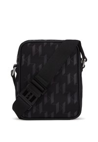 Borsa messenger nera con motivo geometrico, chiusura a zip, tracolla regolabile e robusto gancio in plastica. Materiale in nylon testurizzato.