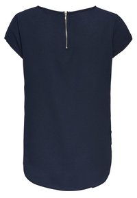 Námořnická modrá blůza s krátkými rukávy, kulatým výstřihem a centrálním zipem na zadní straně. Texturovaná látka, rovný střih a mírně zakřivený lem.