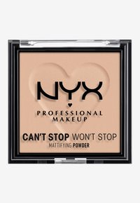 Poudre matifiante NYX Can't Stop Won't Stop dans un boîtier carré noir avec couvercle transparent. Poudre beige clair au toucher lisse. Motif en forme de cœur embossé.