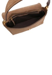 Brown suede handbag featuring a structured shape, top flap, gold hardware, and a dark fabric interior with a zip pocket.