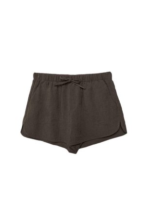 Shorts décontractés marron foncé avec taille élastique, lien à nouer, poches latérales et ourlet incurvé sur les deux jambes, conçus pour le confort.