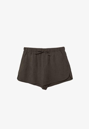 Shorts décontractés marron foncé avec taille élastique, lien à nouer, poches latérales et ourlet incurvé sur les deux jambes, conçus pour le confort.