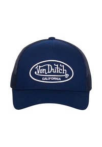 Casquette de baseball bleu marine avec une visière courbée, des panneaux latéraux en maille et un logo brodé blanc portant l'inscription "Von Dutch California."