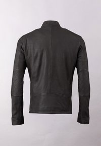 Black leather jacket with a fitted design, quilted elbow patches, Mandarin collar, and smooth texture; back view showcases stitching details.