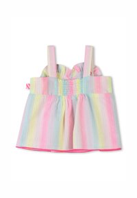 Abito estivo per ragazze con strisce verticali pastello in rosa, blu e giallo. Presenta spalline sottili, corsetto arricciato e orlo ondulato con rifinitura rosa.