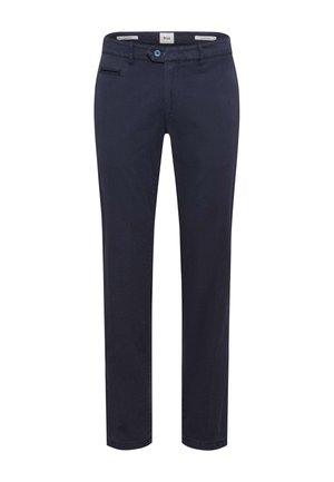 Marineblaue Stoffhose aus Baumwolle, mit flachem Frontschnitt, Reißverschluss und Seitentaschen. Einfaches Design ohne Muster oder Verzierungen.