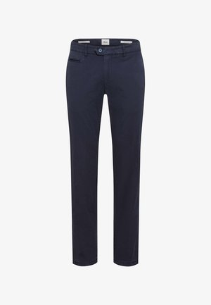 Marineblauwe broek van katoen, met een vlakke voorkant, ritsopening en zijzakken. Eenvoudig ontwerp zonder patronen of versieringen.