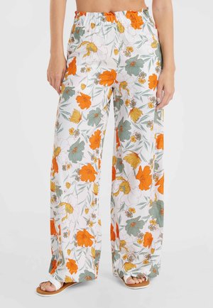 Floral wide-leg pants featuring a white base with orange, green, and yellow flowers, an elastic waistband, and a relaxed fit.