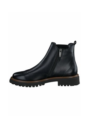 Stivaletto in pelle nera con chiusura a zip, tomaia texturizzata e suola in gomma robusta. Presenta un accento marrone lungo la suola.
