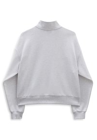Sweat-shirt gris clair avec col montant, épaules tombantes, manches longues et poignets et ourlet côtelés. Tissu doux et texturé.