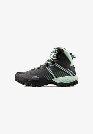 Schwarzer und mintgrüner Wanderschuh mit einem strukturierten Obermaterial, verstärkter Zehenkappe und robustem Profil für Traktion. Mit GORE-TEX-Futter.