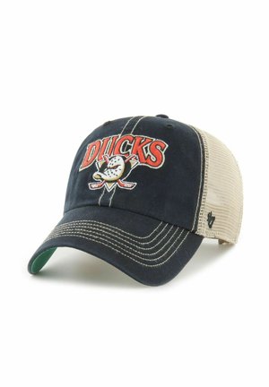 Marineblaue und beiger Baseballcap aus Mesh mit Ducks-Logo, das eine Hockeymaske und gekreuzte Schläger zeigt, mit weißen Nähten an der Krempe und den Vorderpanelen.