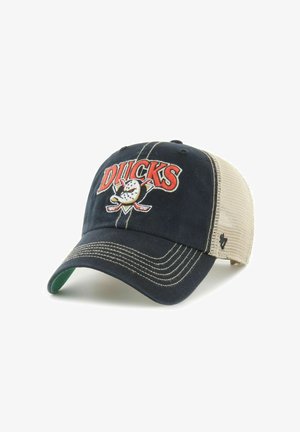 Marineblaue und beiger Baseballcap aus Mesh mit Ducks-Logo, das eine Hockeymaske und gekreuzte Schläger zeigt, mit weißen Nähten an der Krempe und den Vorderpanelen.