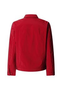 Raudonas ilgomis rankovėmis švarkas su sagomis ant rankogalių, smailu apykakle ir reguliuojamais šonais, pavaizduotas iš nugaros ant balto fono.