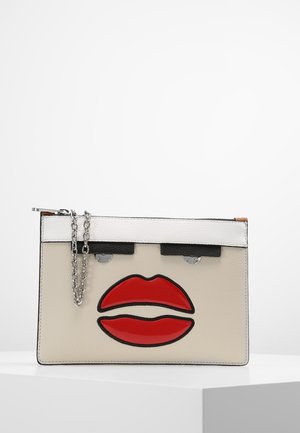 Beige leather clutch with red lips design, silver chain strap, black accents, and a white top. Features a zip closure and sleek rectangular shape.