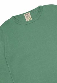 Groene langemouwen t-shirt gemaakt van zachte katoen, met een ronde halslijn en een gladde textuur met minimale naden, label zichtbaar bij de hals.