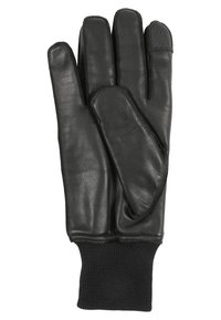 Zwarte leren handschoen met een ribbelige zwarte manchet, vijf vingers en een getextureerde vingertop voor grip. Gladde en stijlvolle afwerking overal.