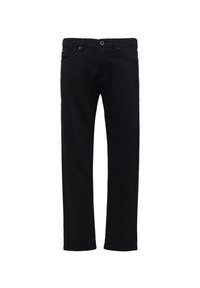 Schwarze Denim-Jeans mit geradem Schnitt, fünf Taschen und einem Reißverschluss vorne. Hergestellt aus elastischem Stoff für zusätzlichen Komfort.