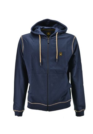 Felpa con cappuccio blu navy con cerniera, coulisse beige, tasche frontali e cuciture a contrasto, con un piccolo logo giallo sul petto.