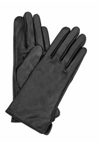 Czarne skórzane rękawiczki o gładkiej fakturze, dopasowanym kroju i czterech wyraźnych otworach na palce, charakteryzujące się czystymi liniami i brakiem widocznych elementów metalowych.