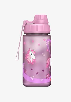 Roze plastic waterfles met een schroefdop, voorzien van een eenhoornontwerp en sterren, gladde textuur en een zijriem voor gemakkelijke draagbaarheid.