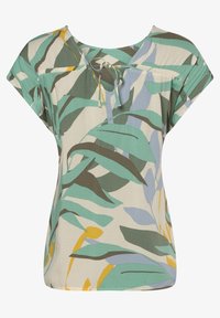 Kortsleeve blus i lätt tyg med ett lövmönster i nyanser av grönt, blått och gult, med en knytkrage.