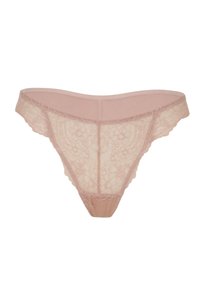 Perizoma in pizzo rosa chiaro, con dettagli floreali in pizzo. Caratterizzato da una cintura liscia e tessuto trasparente sul retro per un aspetto delicato.