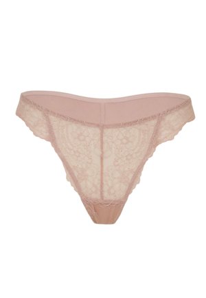 Perizoma in pizzo rosa chiaro, con dettagli floreali in pizzo. Caratterizzato da una cintura liscia e tessuto trasparente sul retro per un aspetto delicato.