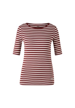 Bordeauxrood en witte gestreepte t-shirt met een ronde halslijn en mouwen tot aan de elleboog. Zachte stof met een getailleerde pasvorm, voorzien van een klein logo-label.