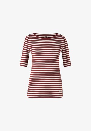 T-shirt rayé bordeaux et blanc avec un col rond et des manches à la longueur des coudes. Tissu doux avec une coupe ajustée, comportant une petite étiquette de logo.