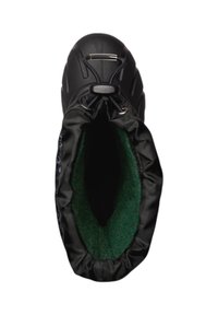 Botte d'hiver imperméable noire avec un haut à cordon réglable et doublure en polaire verte, vue de dessus sur un fond blanc.