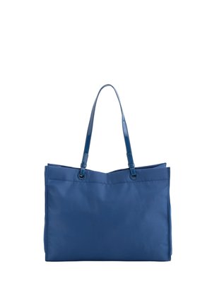 Sac fourre-tout bleu en nylon avec deux poignées brillantes, de forme rectangulaire, fermeture plate et détails de couture minimalistes.