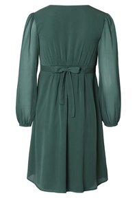 Green, flowy dress with long, sheer sleeves and a waist tie. Soft texture and a flared silhouette, featuring a round neckline and gathered back.