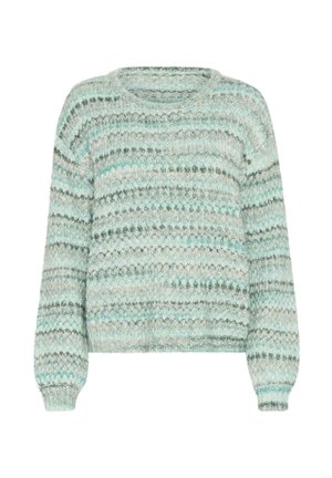 Knit sweater in soft teal and grey with a striped pattern, round neckline, long sleeves, and ribbed cuffs and hem. Textured finish.