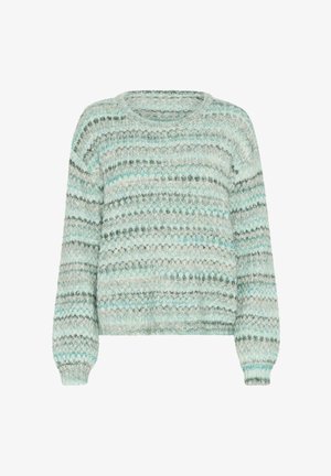 Minkytas megztinis švelniai teal ir pilkos spalvos, su juostuota raštu, apvaliu iškirpimu, ilgomis rankovėmis bei raukšlėtų rankogalių ir apačios kraštu. Su tekstūriniu apdailos efektu.
