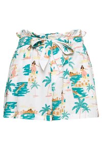 Shorts en coton avec un imprimé tropical coloré représentant des palmiers, des scènes aquatiques et des personnages. Taille élastique avec un détail en forme de nœud.