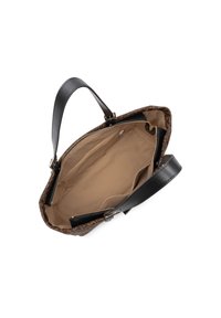 Borsa a tracolla marrone con motivo e dettagli in pelle nera, dotata di chiusura con cerniera e un ampio interno con più scomparti.