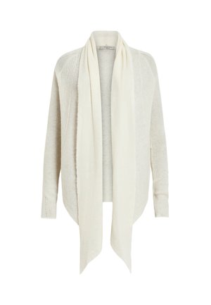 Crème-kleurige cardigan met ribbelstructuur, open voorkant, lange mouwen en een gedrapeerde sjaaldetail bij de hals.