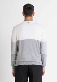 Maglione a righe grigie e bianche con scollatura tonda. Texture a maglia morbida, con un design a bande orizzontali sul retro.