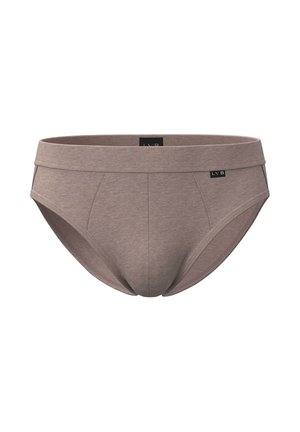 Slip da uomo in cotone marrone chiaro con un design semplice e una piccola etichetta con logo nero sulla fascia frontale.