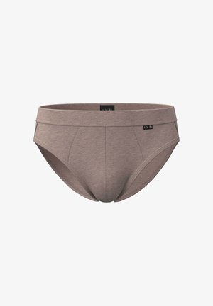 Slip da uomo in cotone marrone chiaro con un design semplice e una piccola etichetta con logo nero sulla fascia frontale.