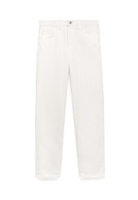 Białe bawełniane dżinsy o prostym kroju. Wśród cech znajdują się kieszenie z przodu, zapięcie na guzik oraz gładka, miękka faktura.