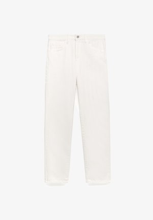 White cotton jeans with a straight-leg cut. Features include front pockets, a button closure, and a smooth, soft texture.