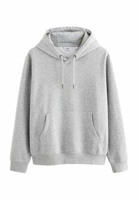 Gray cotton hoodie with a front pocket, adjustable drawstring hood, ribbed cuffs, and hem. Smooth texture, minimal design, no patterns.
